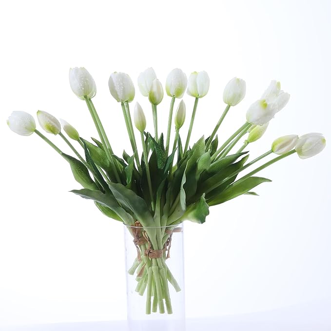 10PCS White Fake Tulips Artificial Flowers Real Touch Latex Faux Tulips UV Resistant Fake Flowers Bouquet for Table Home Decor Party Wedding Garden Decoration