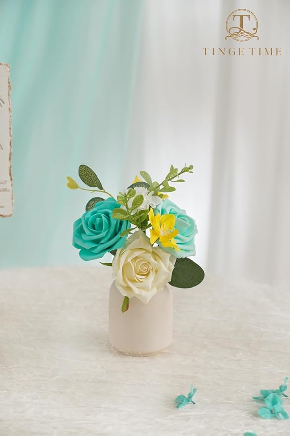 TINGE TIME Artificial Flowers Combo Set Teal Blue & Yellow Flowers Mix Silk Flowers Roses with Stem for DIY Wedding Bridal Bouquets Baby Shower Floral Arrangement Table Centerpieces Home Decorations