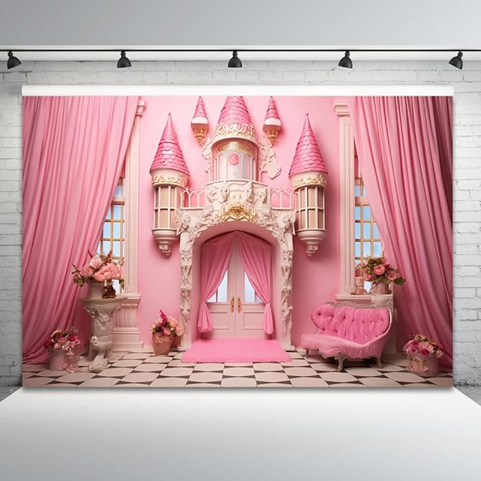 10x7ft Pink Castle Backdrop Room Door Curtain Photography Background Flowers Vases Sofa Princess Girl Birthday Banner Decorations Newborn Baby Shower Wedding Party Portrait Photo Booth Prop