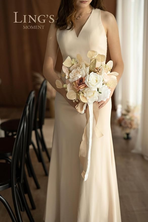 Ling's moment Artificial Flowers Boho Bridesmaid Bouquet, White Beige Wedding Flowers Bouquets for Bridesmaids, 7 Inch Bridal Bouquets for Bridesmaids, Wedding, Ceremony, Anniversary, etc