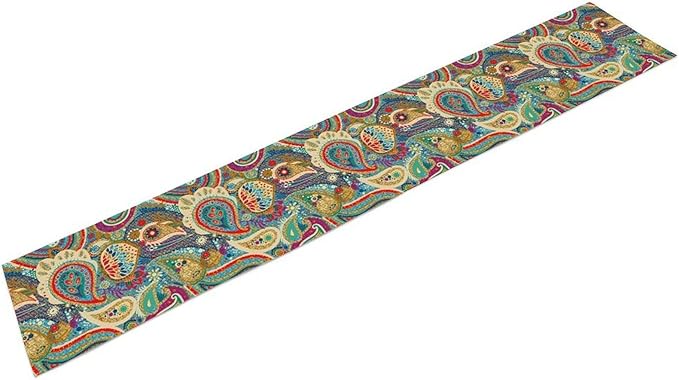 Boho Paisley Table Runner, Colorful Indian Mandala Floral Golden Aeccent Bohemian Style Table Runnner for Kitchen Dining Holiday Party Decoration, 13x36 Inch