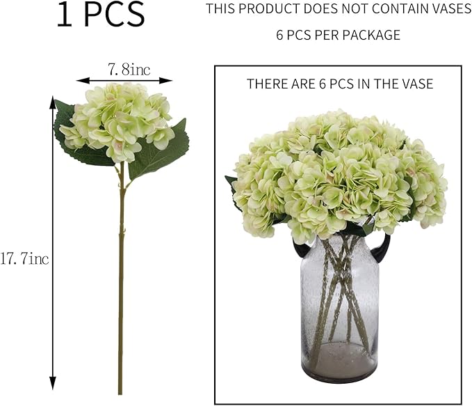 Kimura's Cabin 6pcs Green Silk Hydrangea Flowers Bouquets Faux Hydrangea Stems for Home Wedding Party Table Core Decoration (Lime Green)