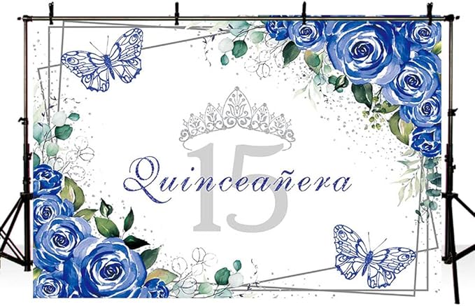 SENDY 8x6ft Quinceañera Backdrop Mis Quince 15 Anos Birthday Party Decoration Supplies for Girl Princess Royal Blue Floral Butterfly Silver Crown Photography Background Banner Photo Booth Studio Props