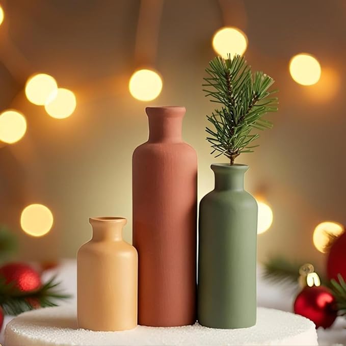 Modern Ceramic Vase Set of 3, Neutral Colors, Decorative Bottles for Home, Farmhouse Rustic Decor (Green Mix)