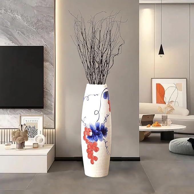 Tall White Floor Vase 32 inches, Thick Ceramic Rustic Vases Large for Home Decor Living Room, Painting Blue Grape Decorative Vases Wide Mouth Opening Corner Vase for Pampas Grass