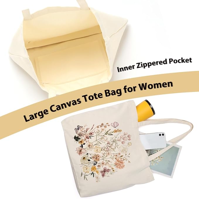 Aesthetic Floral Canvas Tote Bag for Women with Pocket, Tote Bags for Grocery Shopping Travel Christmas Birthday