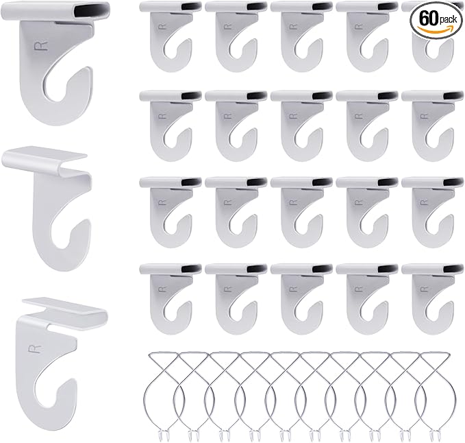 60 Drop Ceiling Hooks for Classrooms & Offices, White Heavy Duty Ceiling Hooks for Hanging Plants & Decorations, Metal T-Bar Hooks for Suspended Drop Ceiling Tiles