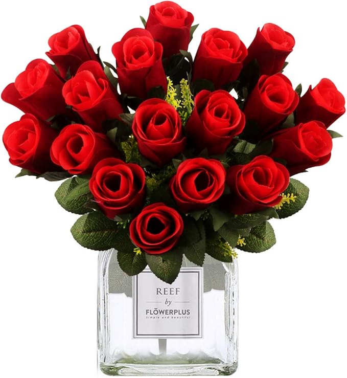 Artificial Rose Flowers Bouquet Burgundy 18 Blooms Long Stem Red Roses Bouquet Artificial Flowers Decoration for Home Table Garden Wedding Anniversary Valentine's Day Mother's Day Decor (A- Red)