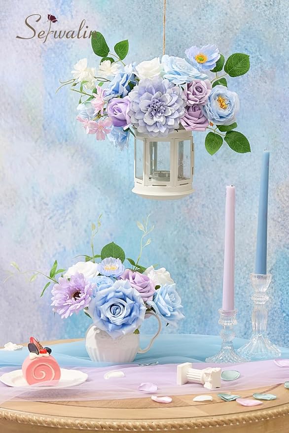 Serwalin Artificial Blue & Purple Flowers, Silk Fake Flowers for DIY Wedding Bouquets Cake Flowers, Table Centerpieces Baby Shower Birthday Party Home Decorations
