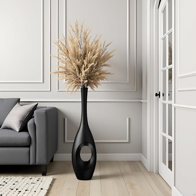 23.6" Black Floor Vase – Donut-Shaped Oval Body with Slim 3cm Neck, Modern Tall Decorative Vases for Living Room, Entryway, Office Decor – Resin Tall Floor Vase