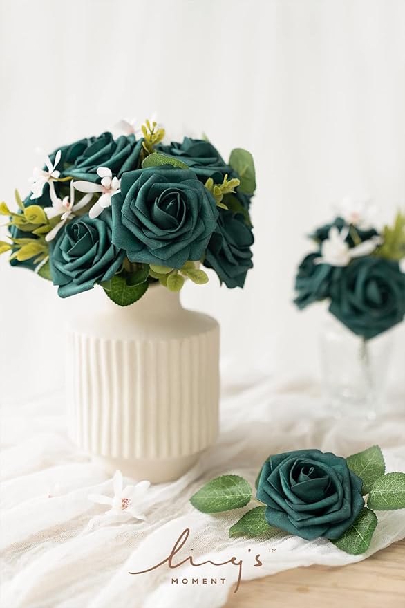 Ling’s Moment Artificial Flowers 50Pcs Peacock Green Roses Decor w/Stems,3" Real Touch DIY Foam Floral for Wedding Bouquet/Centerpieces, Outdoors Party Backdrop, Room/Table, and Garden/Pot Decorations