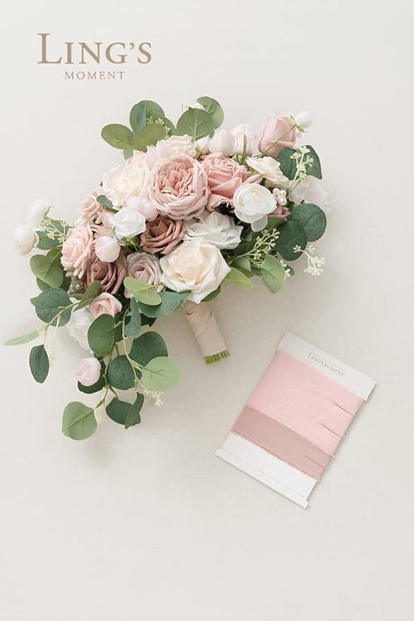Ling's moment Pink Wedding Bouquets for Bride, Dusty Rose Bridal Bouquets for Bride, 15 Inch Free Form Artificial Wedding Flowers Bouquets