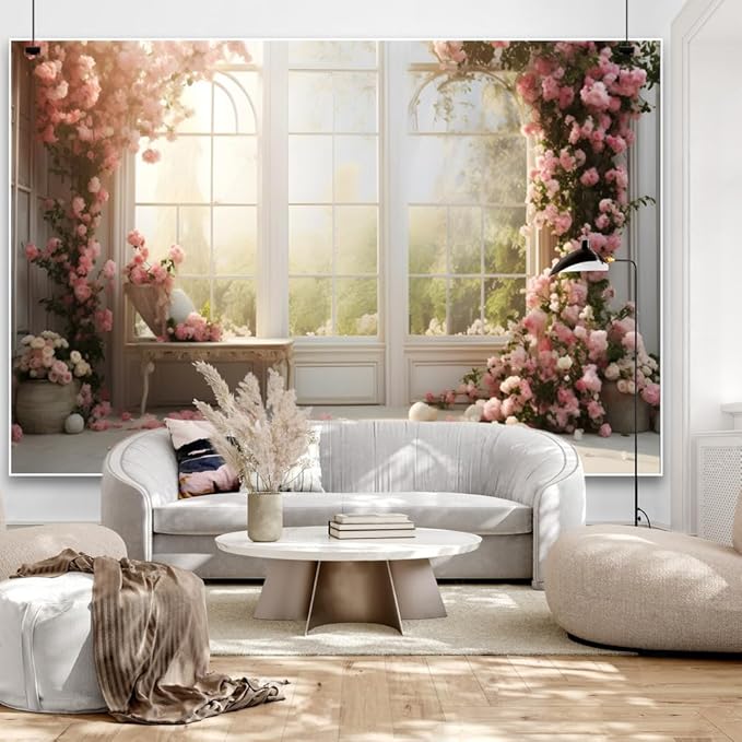 6x4ft Bridal Floral Backdrop for Wedding Pink Rose Window Scenery Green Leaves Elegant Photography Background for Valentine's Day Bridal Shower Birthday Spring Party Women Girls Portraits