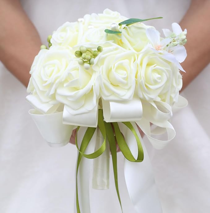 Lightweight Bridal Wedding Bouquet Round Holding Bouquet Throw Toss Artificial Rose Flower Bunch for Bride Bridesmaid Wedding Quinceanera (Cream, 9.1")
