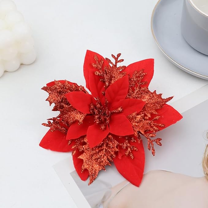 12 PCS Poinsettia Flower Artificial Red Christmas Flowers Artificial 5.5'' Glitter Poinsettias Artificial Christmas Tree Flower with Clips DIY Xmas Wreath Holiday New Year Home Party Decor