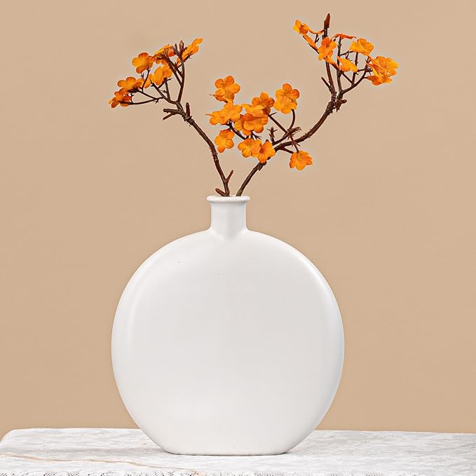 White Ceramic Flat Vase - 6.2" Unique Flower Vase for Pampas Grass & Centerpieces, Decorative Boho/Farmhouse Vase for Living Room, Office Desk & Housewarming Gift (for Her/Yourself)