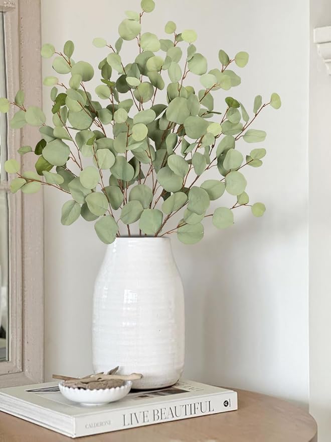 Green Eucalyptus Stems 34" Long Silver Dollar Leaves - 5 Pcs Silk Stems for DIY Bouquet Arrangements, Centerpieces, Shower Decorations - Artificial Spray