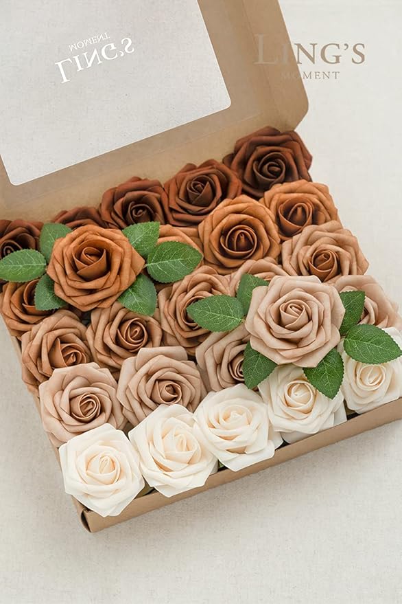 Ling's moment Artificial Flowers, 50Pcs 3" Roses in Walnut Brown Shades, Realistic DIY Foam Floral Fill for Wedding Bouquets/Centerpieces, Outdoor Party Backdrops, Room/Table, Garden/Pot Decorations