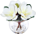Artificial Magnolia Flower in Glass Vase, Fake Flowers with Faux Water for Realistic Look, Small Potted Plant for Home Desk, Bathroom, Office Shelf Table Centerpiece Decor(White)
