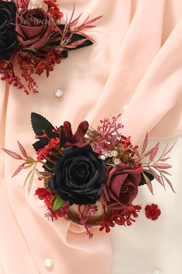 Serwalin Set of 2 Boutonniere for Men, 6-7inch Corsage Groom Groomsman Best Man Boutonnieres for Wedding Prom Ceremony Anniversary Party Cake Topper, Black Burgundy