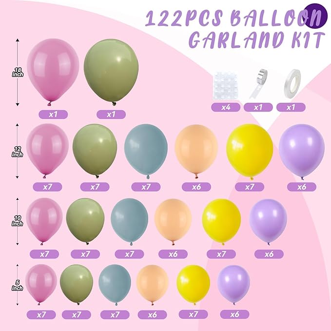Flower Balloon Arch Kit, 122Pcs Hot Pink Pastel Blue Dusty Green Macaron Orange Lavender Purple Yellow Matte Balloons for Girls Floral-themed Party Boho Baby Shower Wedding Birthday Decorations