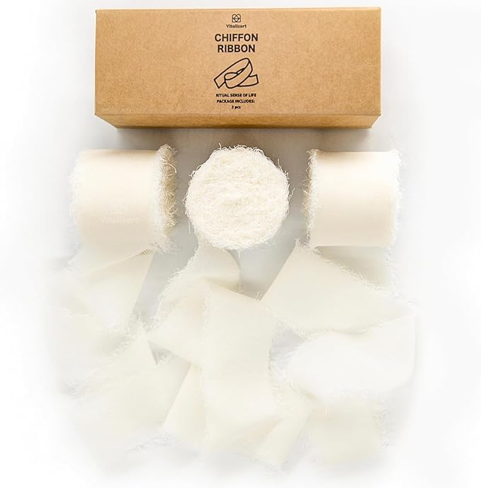 Vitalizart Cream White Handmade Chiffon Silk Ribbon Fringe 3 Rolls 1.5" x 21 Yd Ivory Frayed Edges Ribbons for Wedding Invitations Bridal Bouquets Gifts Wrapping Crafts Holiday Decor