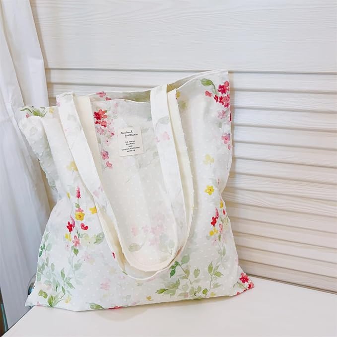 Cotton Canvas Tote Bag Reusable Soft Grocery Cloth Bag Floral Shoulder Bag for Beach Travel Shopping