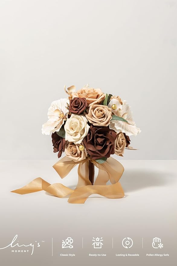 Ling's moment Bridesmaid Bouquet Set of 4, Brown & Beige Wedding Bouquets for Bridesmaids, 7 Inch Nut Brown Bridal Bouquets for Bridesmaids, Wedding, Ceremony, Anniversary, etc.