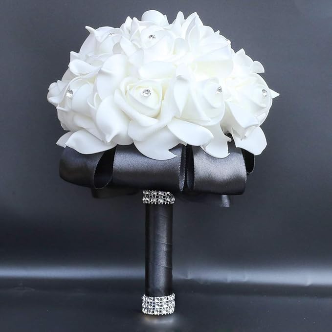 Wedding Bouquet, Black Bouquet for Bride Bridesmaid with Diamond Soft Ribbons, Artificial Rose Bridal Holding Flowers for Party Church