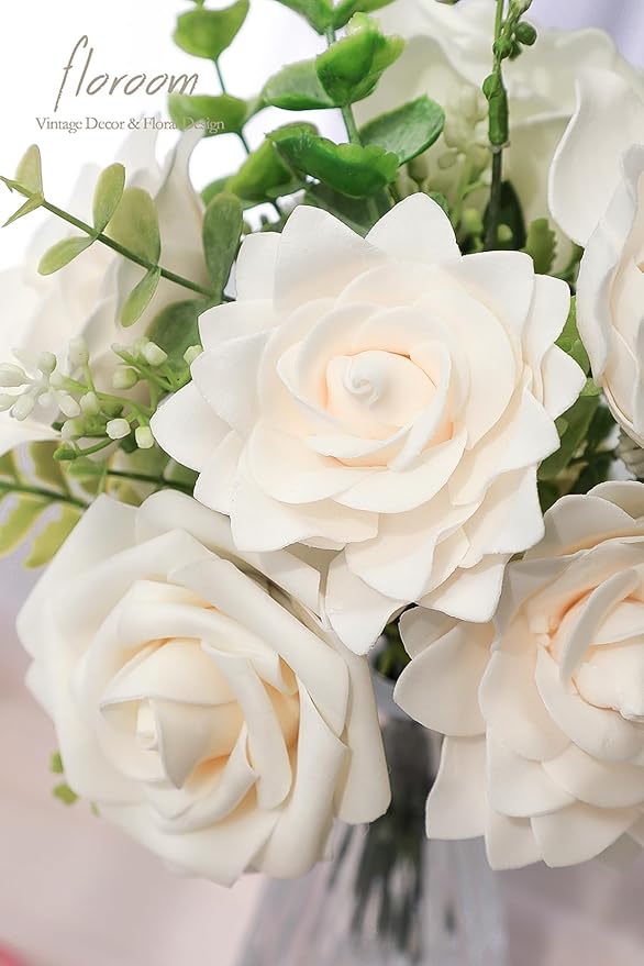 Floroom Artificial Gardenia Flowers 2.7" 25pcs Real Looking Cream Foam Fake Flowers with Stems for DIY Wedding Bouquets Bridal Shower Centerpieces Floral Arrangements Party Tables Home Decorations