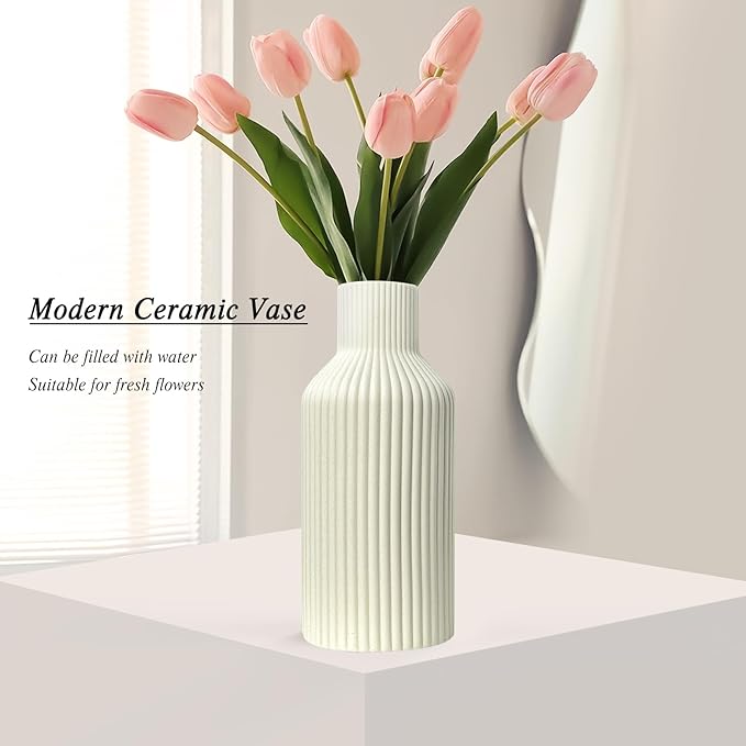Ceramic Flower Vase, Minimalist Modern Home Decor, Matte Finish Pampas Grass Vase for Table, Fireplace, Shelf, Mantel, Entryway and Centerpieces (Off White)