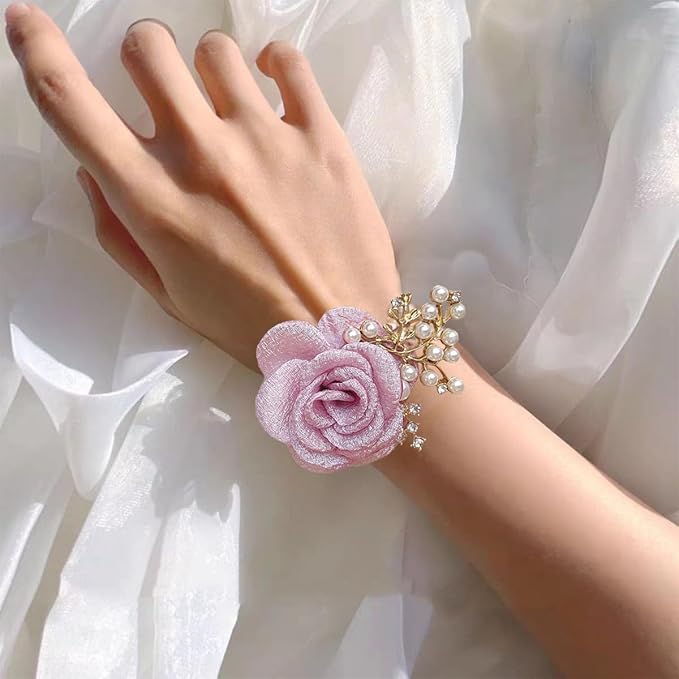 1PCS Wedding Wrist Flower,Bridesmaid Bride Wrist Flower Corsage Decoration Hand Flowers,Pink Purple