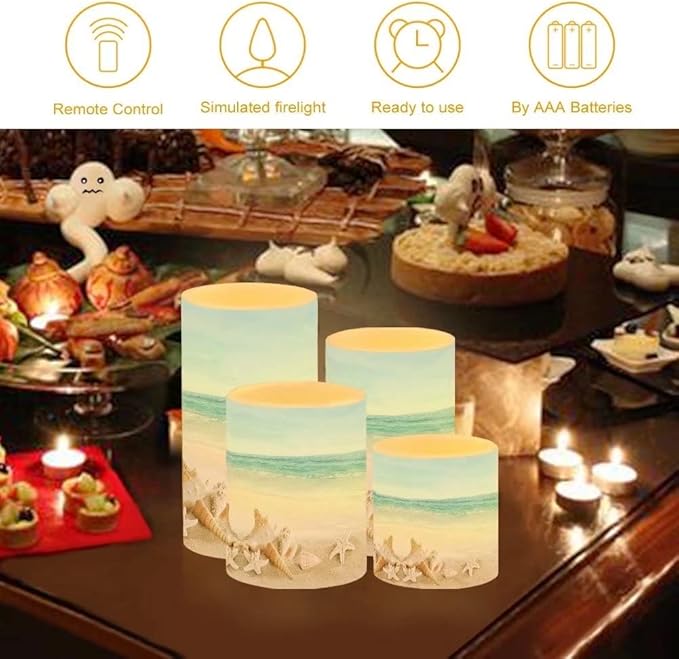 Flickering Flameless LED Pillar Candles with 18-Key Remote Battery Operated Color Changing Tea Lights Fake Candles, Set of 4, Beach Starfish Blue