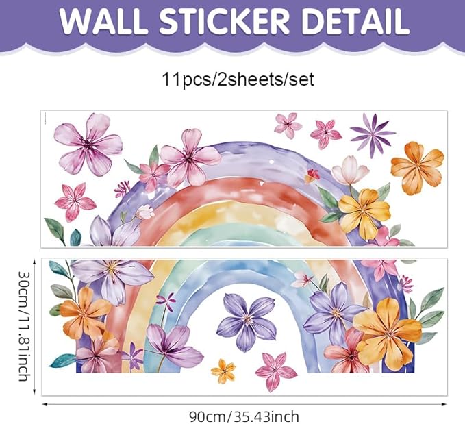 Rainbow Wall Decals & Flower Wall Decals – 2 Sheets Large Wall Stickers for Living Room, Bedroom, Nursery, Kids Playroom – Easy Peel & Stick, Waterproof, Removable Rainbow Christmas Decor