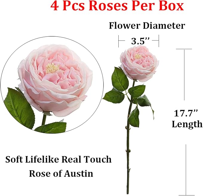 YalzoneMet 3.5'' Big Bloom Rose Artificial Flowers Light Pink 4Pcs Real Touch Rose Faux 17.7 Inch Long Stem Austen Roses Peonies Fake Flowers for Home Kitchen Party Christmas Flower Wedding Decor