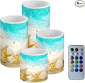 Beach Starfish Seashell Flameless Light Candles Battery Powered with Timer Remote Color Chaging Pillar Fake Candles Pack of 4 for Wedding Home Outdoor Decor