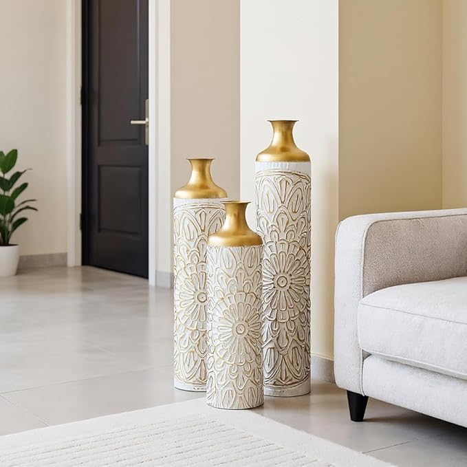 Floor Oversized Gold Metal Decorative Vase with 3D Triangle Pattern Set of 3 Large Vases for Home Living Room 33.5 ", 29.5 ", 25.2" High (White+Matte Gold)