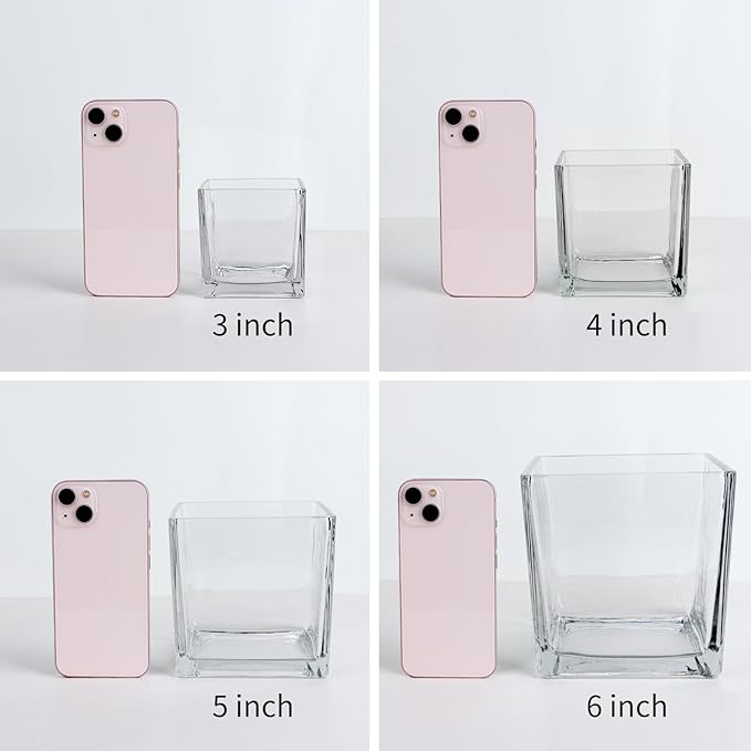 Set of 6 Square Glass Vases 4" x 4" x 4", Clear Flower Vase, Plant Terrarium, Candle Holder for Wedding Centerpiece, Office Decorations, Home Décor, Parties and Events