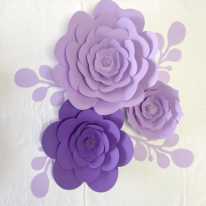 3D Party Paper Flower Decoration Artificial Paper Flower Decorations with Leaves Wall Flower Decor (Lt-Purple Purple Set) Wedding Bridal Shower Nursery Baby Shower Flower Backdrop Decor