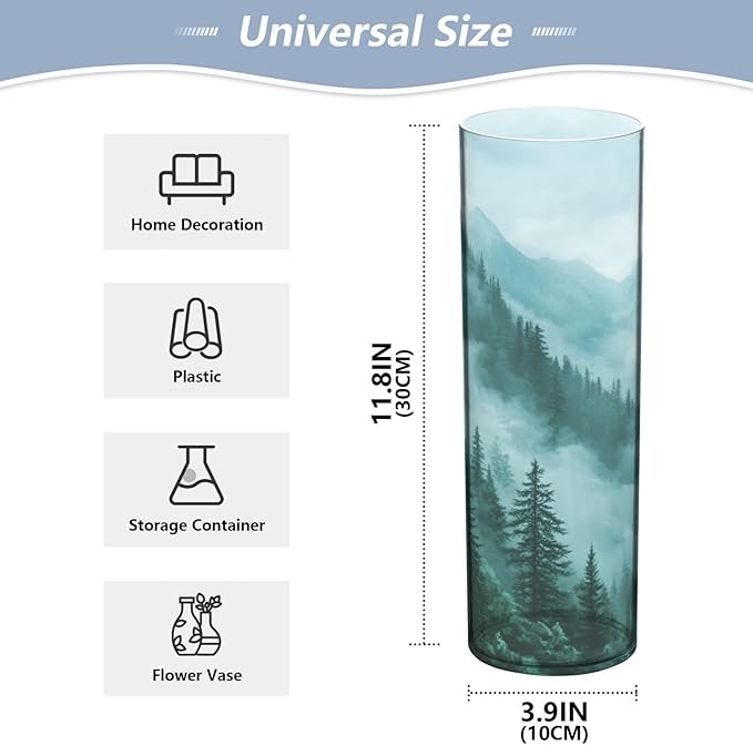 Flower Vase Clear Plastic Cylinder Vases Decor for Centerpieces Home Storage Office Weddings Foggy Green Mountains and Pine Trees 11.8 x 3.9 in