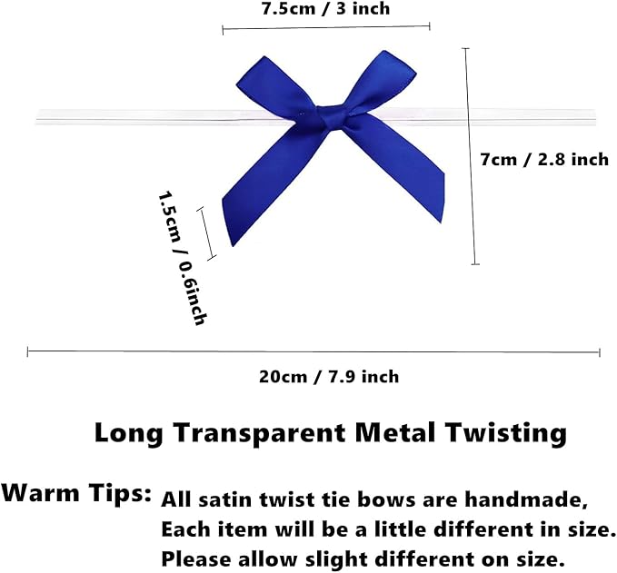 100 PCS 3 Inches Satin Bow Twist Ties, Ribbon Twist Tie Bows for Treat Bags, Pretied Bows, Twist Tied Bows with Wire for Bags, Pre Tied Ribbon Bows for Baby Shower, Favors, Popcorn(Royal Blue)