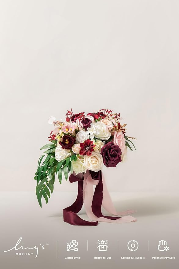 Ling's moment Wedding Artificial Flowers Package, Bridal Bouquet, Bridesmaid Bouquets, Boutonniere for Men, Rose Petals.Burgundy Blush