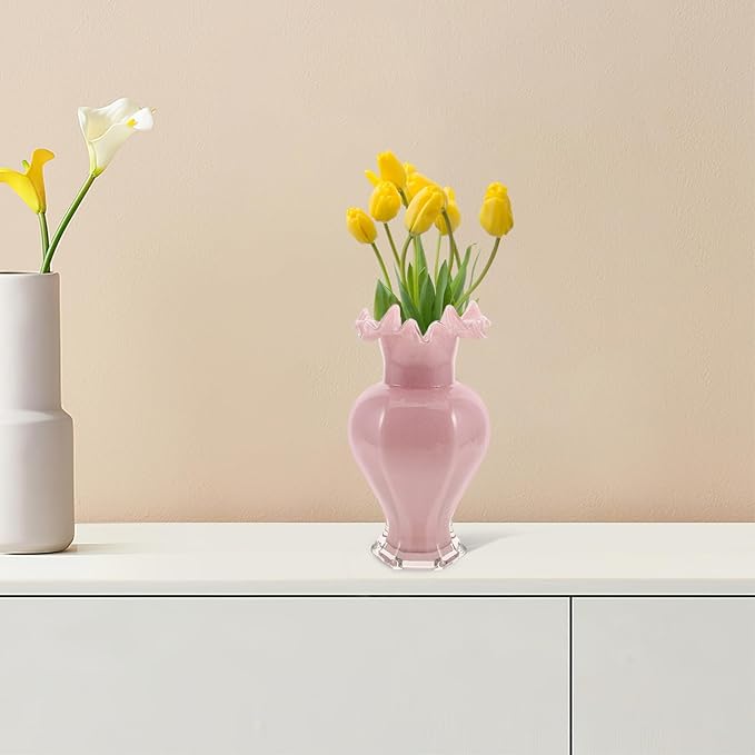 Handblown Glass Flower Vase Pink Pearl Wave Mouth Decorative Floral Arrangement Holder for Home Table Office Wedding Centerpiece Modern Artistic Accent