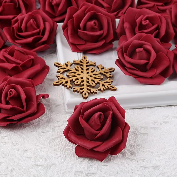 Artificial Rose Flower Heads, INSUNSIX 100pcs Burgundy Fake Roses Artificial Flower Foam Rose Heads for DIY Wedding Bouquets Centerpieces Arrangements Party Baby Shower Home Decor (Stemless, Burgundy)