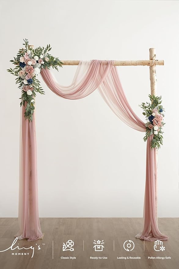 Ling's moment Pink Blue Artificial Wedding Arch Flowers Kit Pack of 4, 2pcs Hanging Flower Arrangement 2pcs Chiffon Drapes Ceremony Reception Fake Rose Arbor Backdrop Floral Party Outdoor Decorations