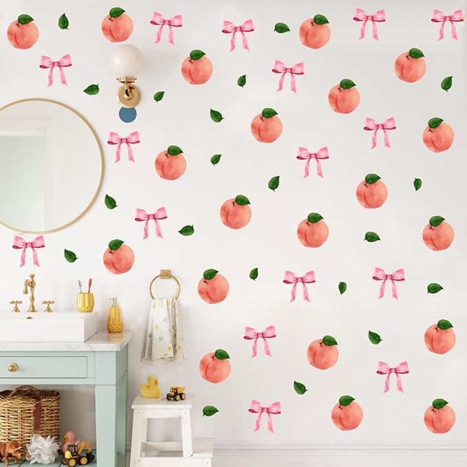 Watercolor Peach Wall Stickers, Peach with Pink Bow Vinyl Wall Decals, Removable Summer Fruit Wall Art for Girls Bedroom Kitchen Toddler Room Decor