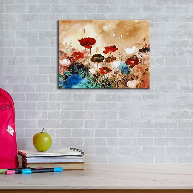 Wieco Art Blooming Poppies Canvas Prints Wall Art Colorful Flowers Pictures Paintings for Living Room Bedroom Bathroom Home Decorations Modern Stretched and Framed Pretty Floral Giclee Artwork
