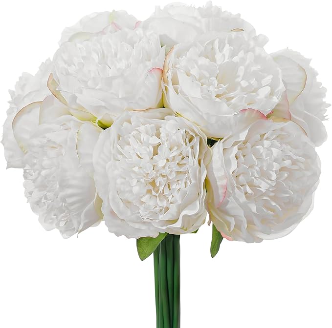 10PCS White Realistic Artificial Flowers Peony Fake Silk for Home Office Wedding Table Centerpieces Party Festival Bar Decoration Indoor