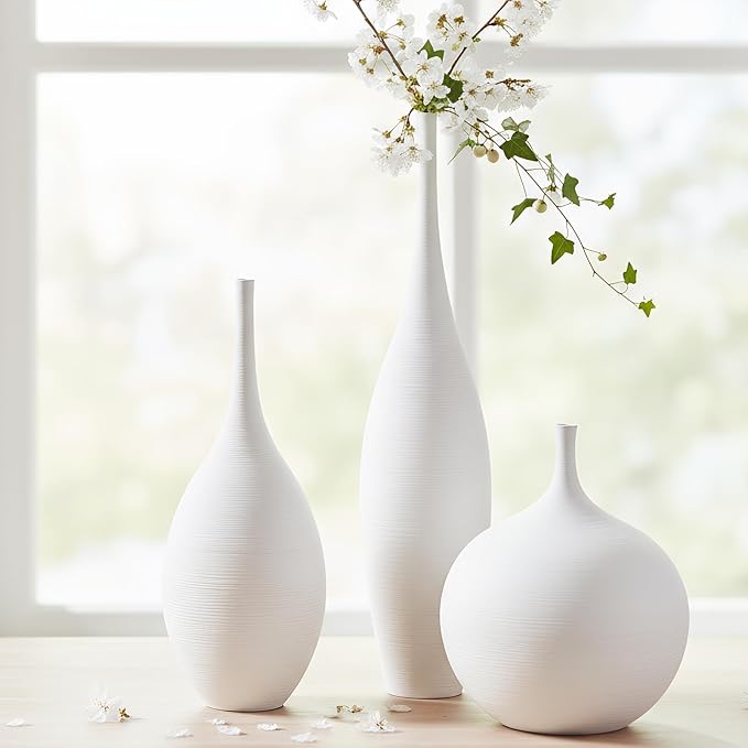 White Ceramic Vase Set of 3, Modern Boho Vases for Centerpiece Decor, Matte Minimalist Decorative White Vases Home Decor, for Living Room, Bookshelf, and Entryway Table Decor