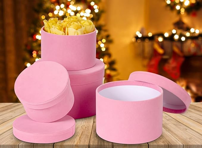 Round Gift Boxes with Lids for Presents Set of 4 Pink Velvet Nesting Gifts Box for Arrangements Flowers Wedding Birthday Valentines Bridesmaid Christmas Party Anniversary